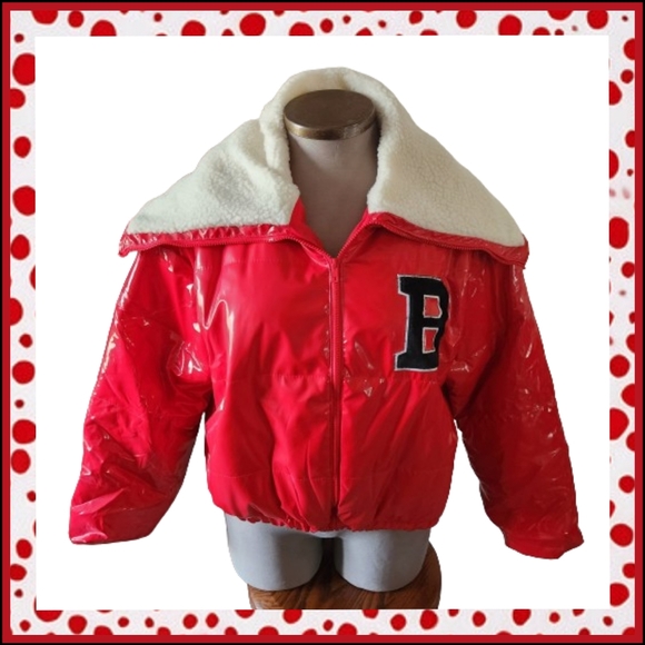 VARSITY STYLE PUFFER ☆ RED FAUX PATENT LEATHER ☆ SHERPA ☆ JACKET ☆ 2x ☆ NWT - Picture 1 of 7